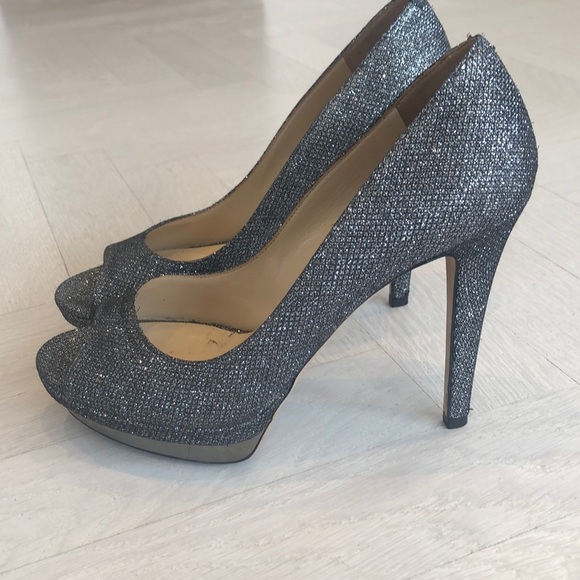 Jimmy Choo Black Sparkly High Heel Peep Toe Shoes - Picture 2 of 8